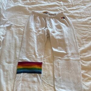 Aviator Nation White Sweatpants with Rainbow Stripe
